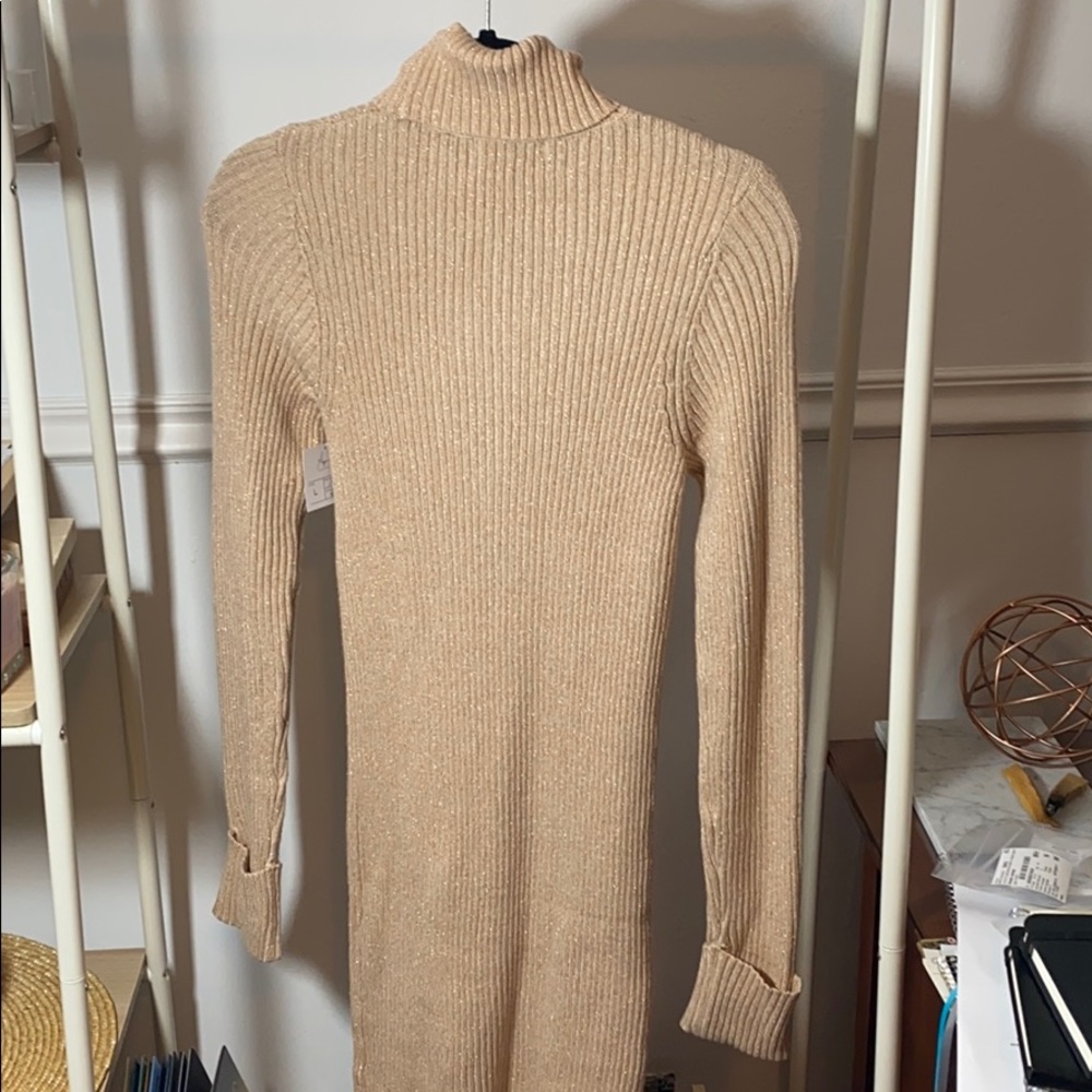 Gold Turtleneck Sweater Dress Long Sleeve - Picture 7 of 7